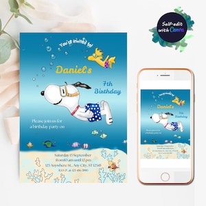 Invito di compleanno Snoopy stampabile Invito di compleanno Snoopy per feste di compleanno Biglietto di compleanno per bambini modificabile Download istantaneo digitale Invito per bambine e bambini