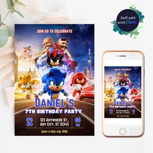 Convite de aniversário do Sonic Convite para festa do Sonic Convite para festa do Super Sonic Festa de aniversário Editável Modelo de convite do Super Ouriço Canva digital