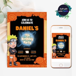 Carte d'anniversaire imprimable Naruto Akatsuki Boruto Cartoon Anime Invitation Naruto anniversaire numérique