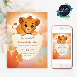 Editable Lion King Birthday Invitation Simba Birthday Party Invitations Digital Kids Party Invite safari animals evite instant download