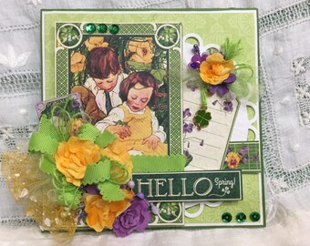 Hello Spring Hand Made Vintage Inspired Greeting Card