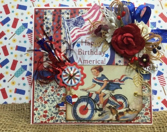 Happy Birthday America Vintage Style Handmade Greeting Card