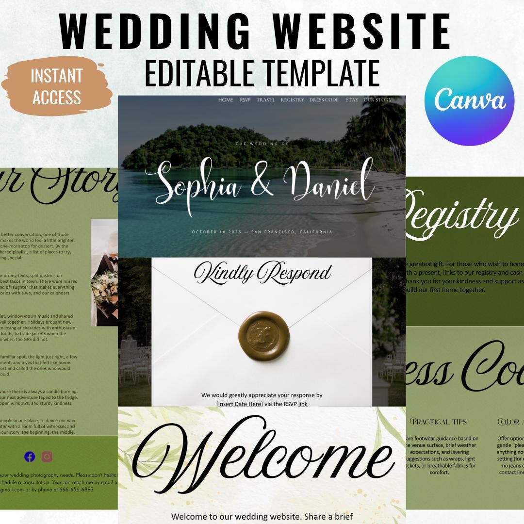 Whimsical Tropical Destination Wedding Website Template Boho Green