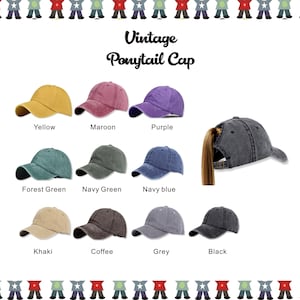 May include: A set of ten vintage ponytail caps in various colors, including yellow, maroon, purple, forest green, navy green, navy blue, khaki, coffee, grey, and black. The caps are made of a soft, comfortable material and feature a ponytail hole in the back.