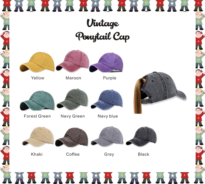May include: A set of ten vintage ponytail caps in various colors, including yellow, maroon, purple, forest green, navy green, navy blue, khaki, coffee, grey, and black. The caps are made of a soft, comfortable material and feature a ponytail hole in the back.