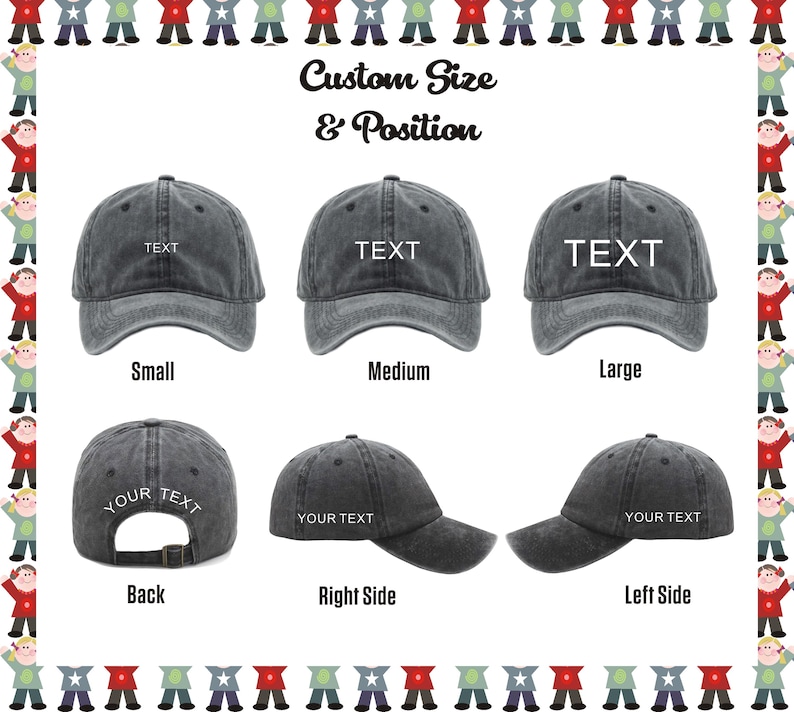 May include: A mockup of a customizable black denim baseball cap with the text "TEXT" on the front. The cap is shown in three sizes: small, medium, and large. The back of the cap shows the text "YOUR TEXT" embroidered on the back. The cap is also shown from the right and left sides.