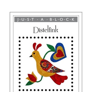 May include: A folk art appliqué pattern for a bird with a red heart, yellow body, and red tail. The pattern is called "Distelfink" and is an 8 inch by 8 inch appliqué block.