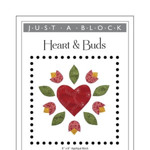 Heart & Buds appliqué block, heart and flowers applique pattern PDF