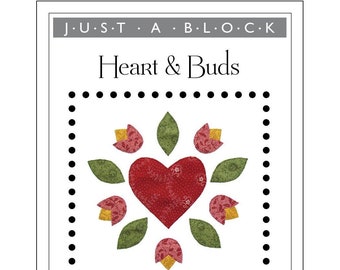 Heart & Buds appliqué block, heart and flowers applique pattern PDF