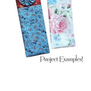 Two project examples of fabric eyeglass cases, one with a blue floral pattern, red trim, and a blue yoyo, the other with a pink and white floral pattern and a white button. The text 'Project Examples!' is below the cases.