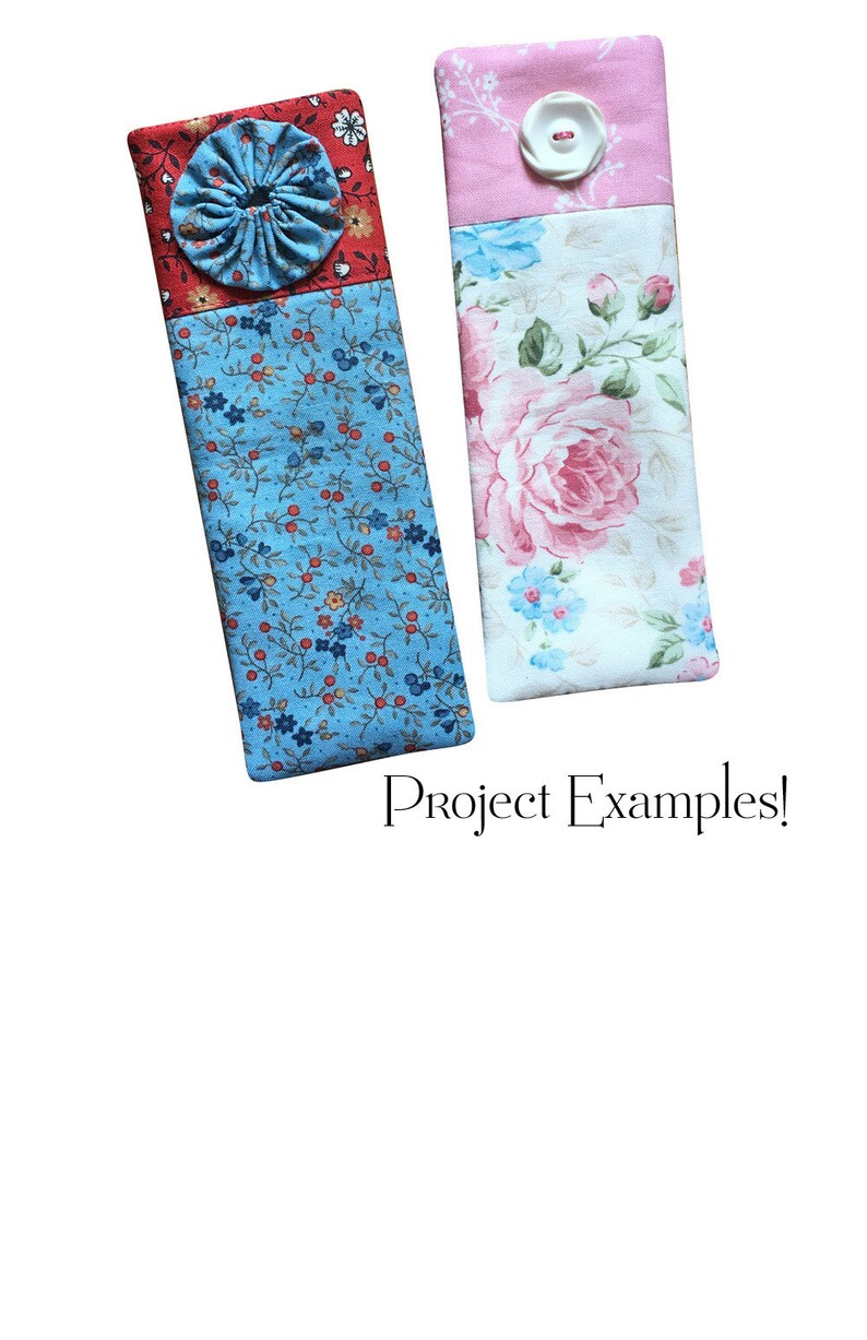 Two project examples of fabric eyeglass cases, one with a blue floral pattern, red trim, and a blue yoyo, the other with a pink and white floral pattern and a white button. The text 'Project Examples!' is below the cases.