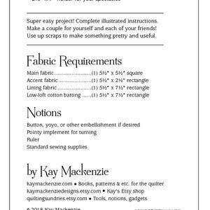 Back cover of Easy Fabric Eyeglass Case pattern. The pattern is for a 2 1/2 inch by 7 inch case. Fabric requirements, notions, and sewing supplies are listed. The pattern is by Kay Mackenzie. The pattern includes a website address and a copyright notice. The pattern also includes a barcode.