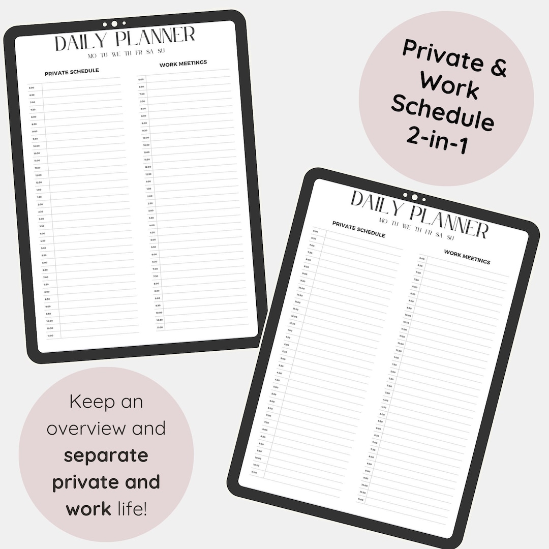 Private Vs. Work Daily Schedule, Undated Daily Schedule, Separate ...