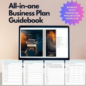 May include: A computer screen displaying a digital guidebook titled "Startup Business Plan Guidebook". The guidebook has a sunset sky background and includes a table of contents. The screen is on a desk with four printed worksheets.