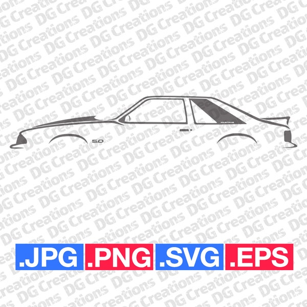 Ford Mustang Hatchback 5.0 Foxbody  Car SVG Clip Art Graphic Art Instant Download Illustration Car Vector svg eps png jpg Stencil Automotive