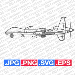 M-Q9 Reaper Drone Side Modern War Plane Airplane Jet SVG Clip Art Graphic Art Instant Download Illustration Vector svg eps png jpg Stencil