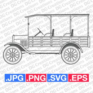 May include: A black and white line drawing of a vintage delivery truck with a wooden cargo bed. The truck has a canvas top and a spare tire on the back.