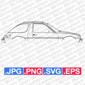 May include: A line drawing of a side view of a 1970s AMC Pacer car. The car has a distinctive rounded shape and a roofline that slopes down towards the rear.