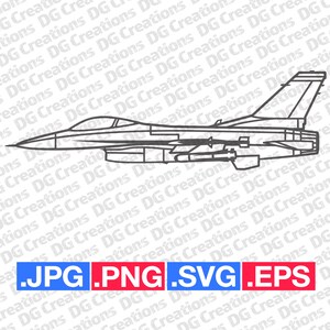 F-16 Falcon Fighter Jet War Plane Modern Airplane Side SVG Clip Art Arte gráfico Descarga instantánea Ilustración Vector svg eps png jpg Stencil