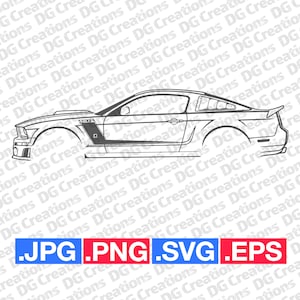 Puede incluir: Un dibujo en blanco y negro de un coche Ford Mustang. El coche se muestra en vista de perfil. El dibujo es simple y detallado, mostrando la forma y las características del coche.
