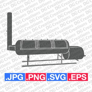 Könnte beinhalten: Eine Schwarzweißillustration eines Smokers mit einem Schornstein und einem großen Fass mit mehreren Abschnitten. Der Smoker steht auf einem Metallgestell mit Rädern. Das Bild enthält den Text ".JPG .PNG .SVG .EPS".