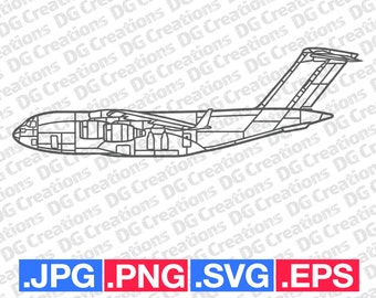 C-17 Globemaster Plane Modern Military Airplane Side SVG Clip Art Graphic Art Instant Download Illustration Vector svg eps png jpg Stencil