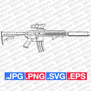AR-15 Arma de rifle de combate M4 suprimida SVG Clip Art Arte gráfica Download instantâneo Ilustração Arma Vetor svg eps png jpg Estêncil Arquivo militar