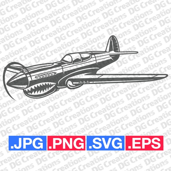 P-40 Warhawk Vintage War Plane Airplane WW2 Era 3 QTR SVG Clip Art Graphic Art Instant Download Illustration Vector svg eps png jpg Stencil