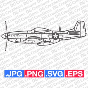 P-51 Mustang Vintage War Plane Airplane WW2 Era Side SVG Clip Art Graphic Art Instant Download Illustration Vector svg eps png jpg Stencil image 1