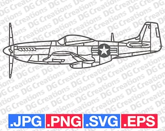 P-51 Mustang Vintage War Plane Airplane WW2 Era Side SVG Clip Art Graphic Art Instant Download Illustration Vector svg eps png jpg Stencil