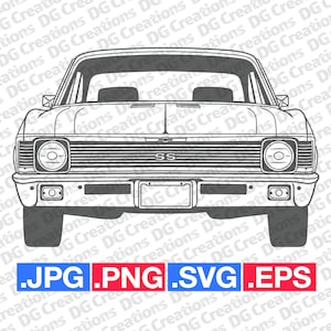 Chevrolet Nova SS 1972 Front Silhouette Car SVG Clip Art Graphic Art Instant Download Illustration Vector svg eps png jpg Stencil Automotive