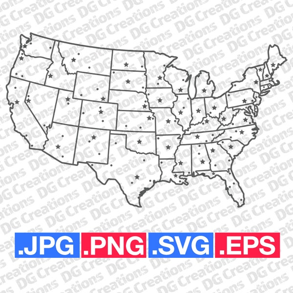 USA Map Lower 48 with Cities Silhouette SVG Clip Art Graphic Art Instant Download Illustration Graphic Vector svg eps png jpg Stencil File