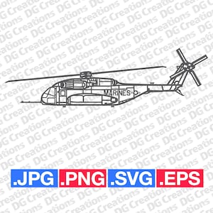 May include: A black and white line drawing of a military helicopter with the word "MARINES" on the side.