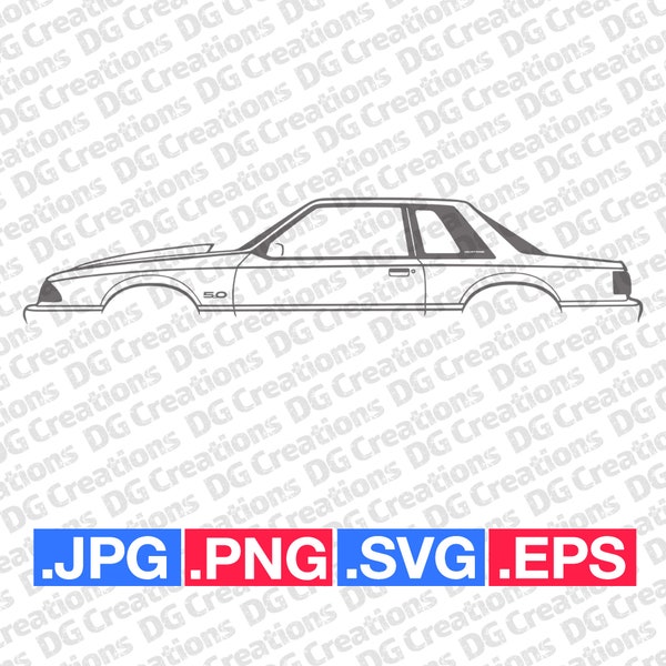 Ford Mustang Coupe 5.0 Foxbody  Car SVG Clip Art Graphic Art Instant Download Illustration Car Vector svg eps png jpg Stencil Automotive