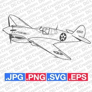 P-40 Warhawk Vintage War Plane Airplane WW2 Era SVG Clip Art Graphic Art Instant Download Illustration Vector svg eps png jpg Stencil