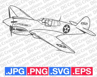 P-40 Warhawk Vintage War Plane Airplane WW2 Era SVG Clip Art Graphic Art Instant Download Illustration Vector svg eps png jpg Stencil