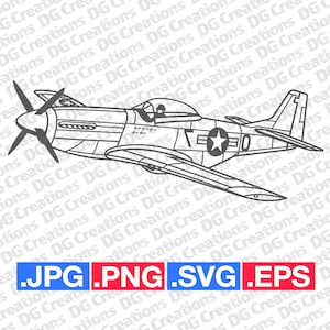 P-51 Mustang Vintage War Plane Airplane WW2 Era 3Qtr SVG Clip Art Graphic Art Instant Download Illustration Vector svg eps png jpg Stencil