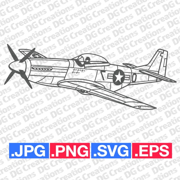 P-51 Mustang Vintage Kriegsflugzeug Flugzeug WW2 Ära 3Qtr SVG Clip Art Grafik Sofort Download Illustration Vektor svg eps png jpg Schablone