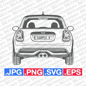 May include: A white Mini Cooper S with a black number plate that reads "COOPER S". The car is facing the camera and the rear bumper is visible. The car has a black grille and black wheels.