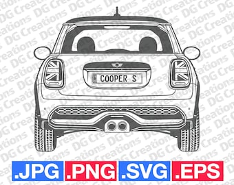 Mini Cooper S 2023 Rear Car SVG Clip Art Graphic Art Instant Download Illustration Car Vector svg eps png jpg Car Stencil Automotive