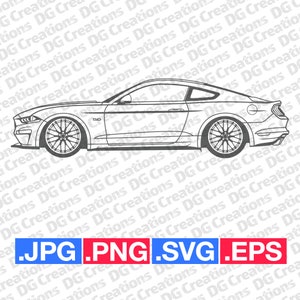 以下が含まれることがあります： フォード・マスタングの白黒線画。車は運転席側が鑑賞者に向けて側面から描かれている。車はフロントフェンダーに5.0のエンブレムが付いている。