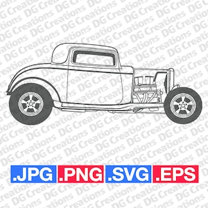 Könnte beinhalten: Eine Schwarzweiß-Zeichnung eines Oldtimer-Hot-Rods. Das Auto ist ein 1932er Ford Coupé mit einem gekürzten Dach und einem kundenspezifischen Motor.