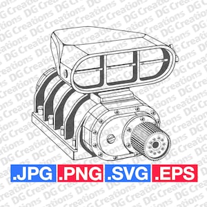 Puede incluir: Un dibujo en blanco y negro de un sobrealimentador, un dispositivo que se utiliza para aumentar la admisión de aire de un motor. El sobrealimentador tiene un gran colector de admisión con una serie de aletas y un gran engranaje en el lateral.