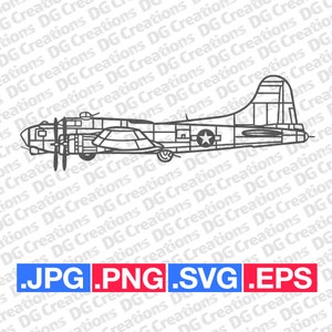 May include: A black and white line art illustration of a B-17 Flying Fortress bomber airplane. The airplane is facing left and has a star on the side. The illustration is on a white background with the text .JPG .PNG .SVG .EPS at the bottom.