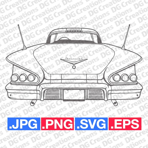 Chevrolet Impala 1958 Rear Classic Car SVG Clip Art Graphic Art Instant Download Illustration Vector svg eps png jpg Stencil Automotive File