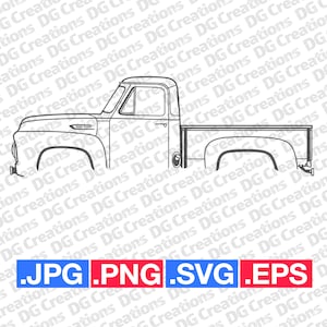 May include: A black and white line drawing of a vintage pickup truck with a flatbed. The truck has a single cab and a long bed. The truck is labeled "FORD F-100".