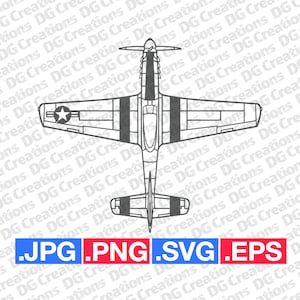 P-51 Mustang Vintage War Plane Airplane WW2 Era Top SVG Clip Art Graphic Art Instant Download Illustration Vector svg eps png jpg Stencil