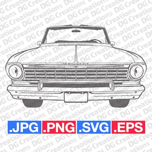 Chevrolet Nova 1963 Convertible Front Silhouette Car SVG Clip Art Graphic Instant Download Illustration Vector svg eps Stencil Automotive