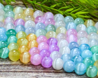 15.5” Multi Color Selenite Beads Round Beads 6mm 8mm 10mm High Quality Rainbow Cat&#39;s Eye Selenite Genuine Selenite Gemstone