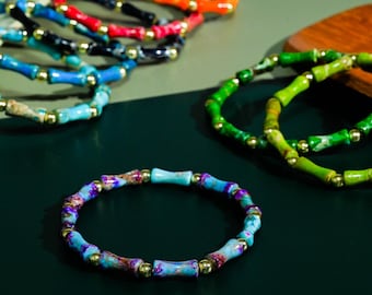 Pulsera de jaspe de sedimento marino, pulsera de cuentas con forma de bambú, pulsera delicada, joyería minimalista de estilo bohemio apilable, elástica